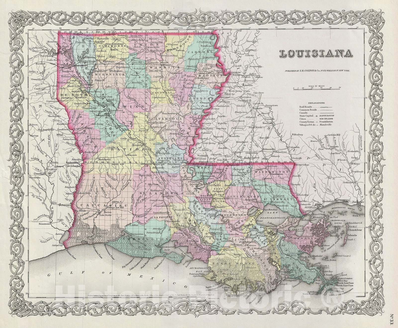 Historic Map : Louisiana, Colton, 1856, Vintage Wall Art
