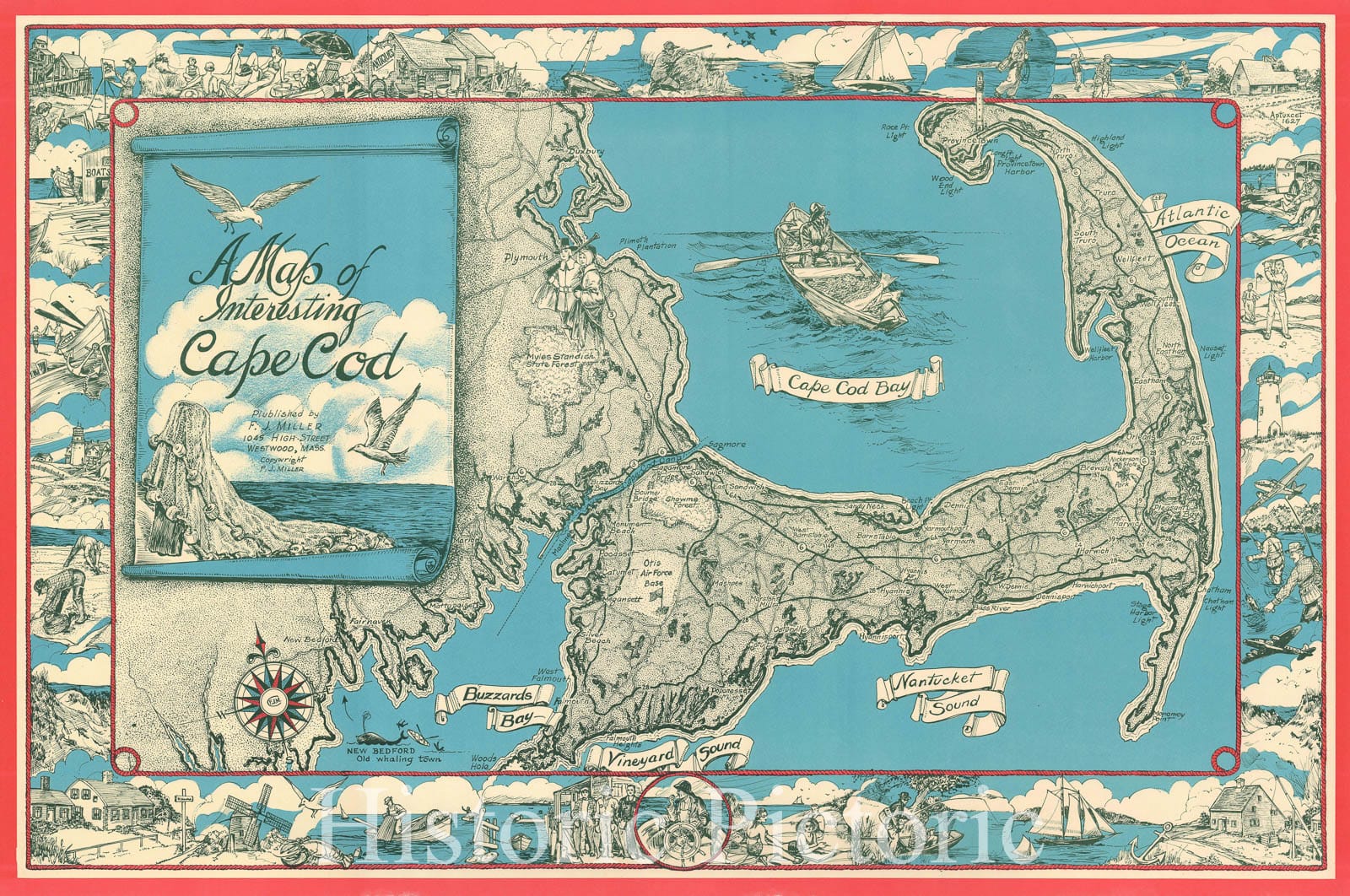 Historic Map : Miller Pictorial Map of Cape Cod, Massachusetts, 1950, Vintage Wall Art