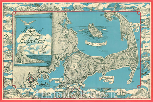 Historic Map : Miller Pictorial Map of Cape Cod, Massachusetts, 1950, Vintage Wall Art