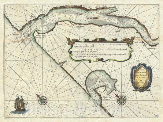 Historic Map : Nautical Chart River Bordeaux "Bordeaux Wine Region", Blaeuthe, 1643, Vintage Wall Art