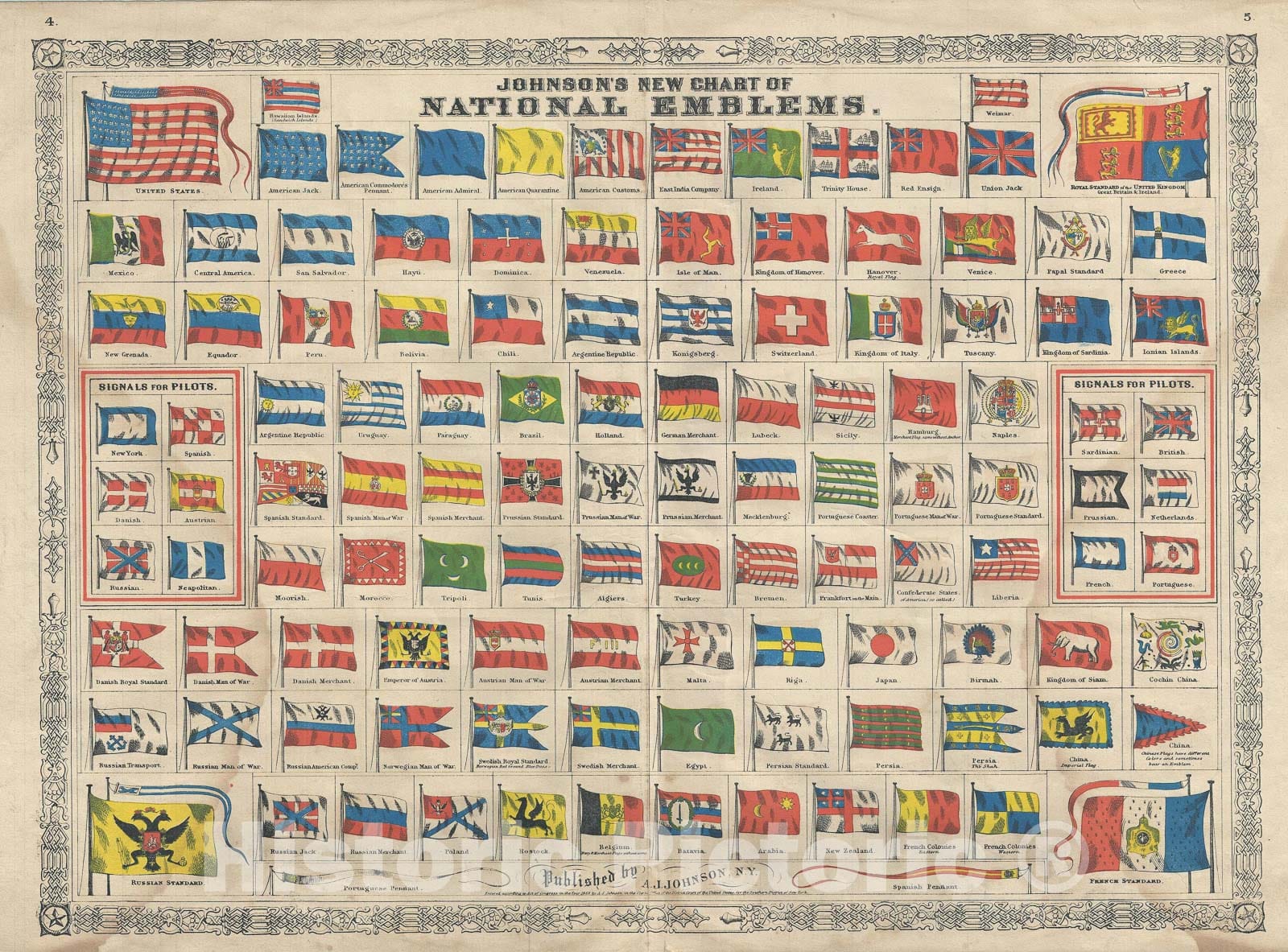 Historic Map : Chart of The Flags and National Emblems of The World, Johnson, 1864 v2, Vintage Wall Art