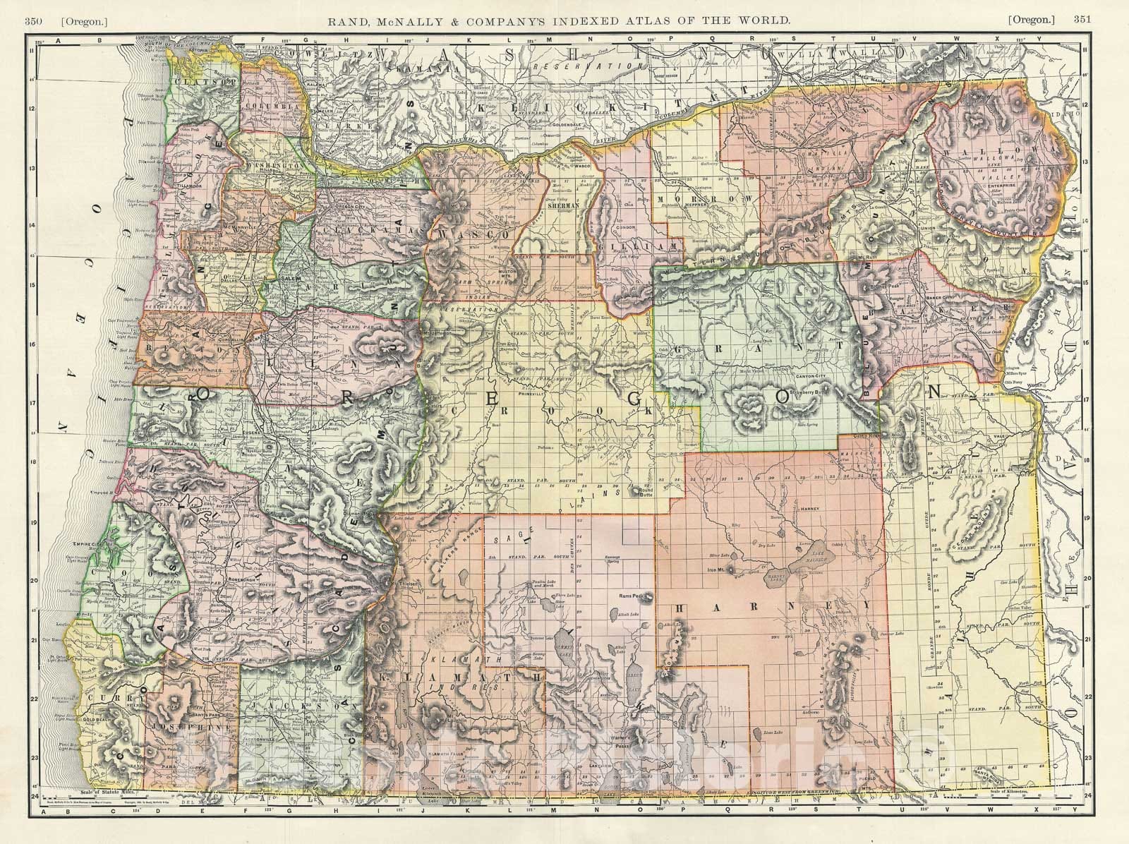 Historic Map : Oregon, Rand McNally, 1891, Vintage Wall Art