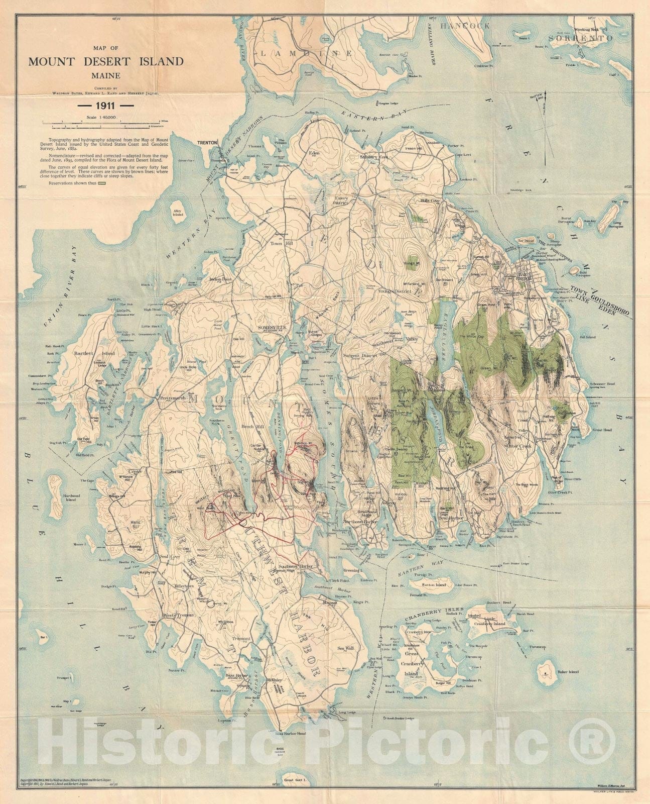 Historic Map : Mount Desert Island, Maine, Bates, Rand, and Jaques, 1911, Vintage Wall Art