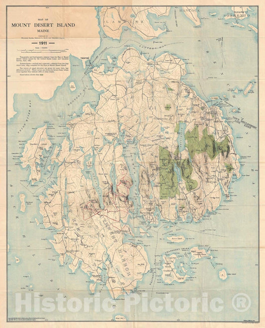 Historic Map : Mount Desert Island, Maine, Bates, Rand, and Jaques, 1911, Vintage Wall Art