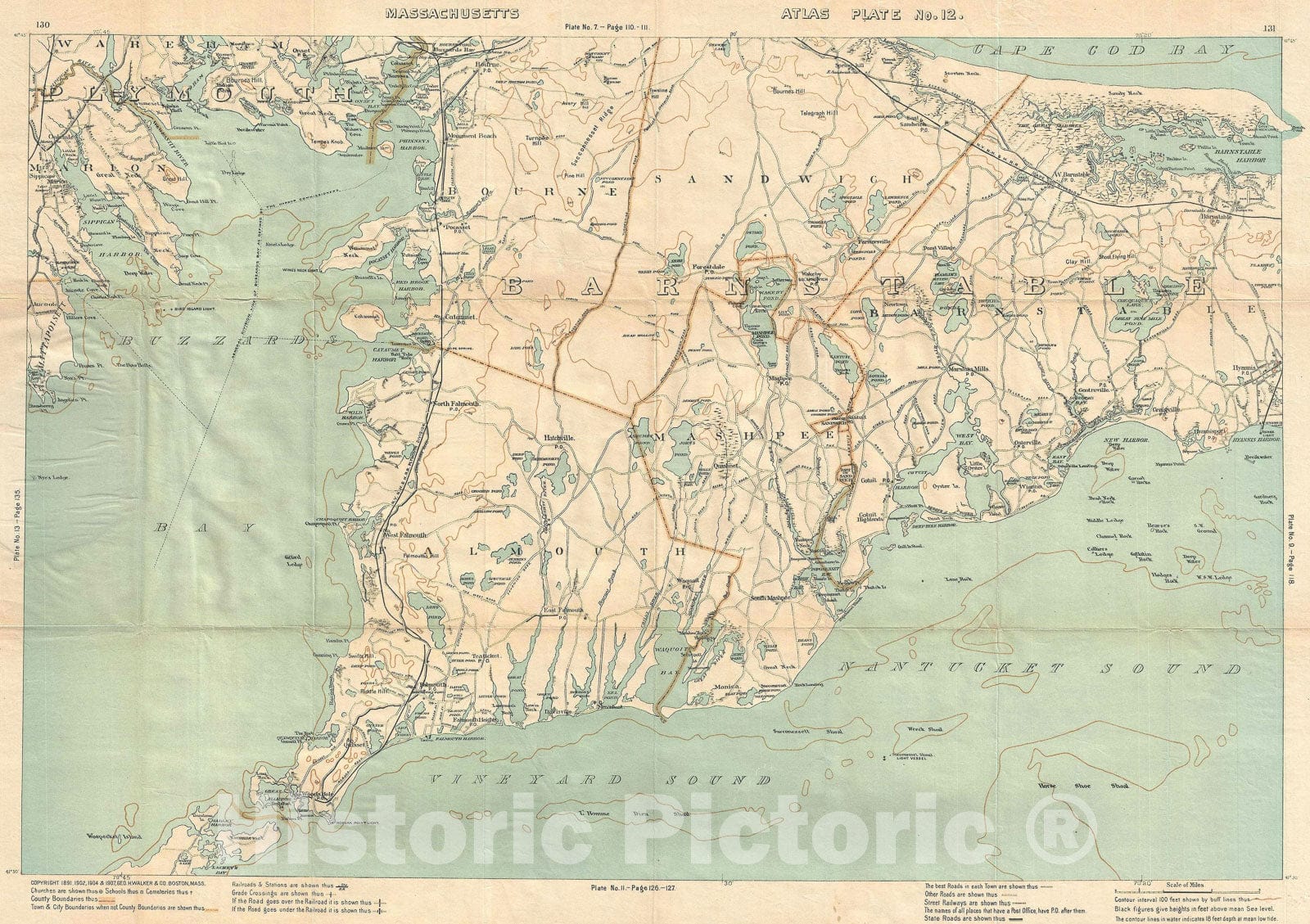 Historic Map : Southern Cape Cod, Massachusetts, Walker, 1907, Vintage Wall Art