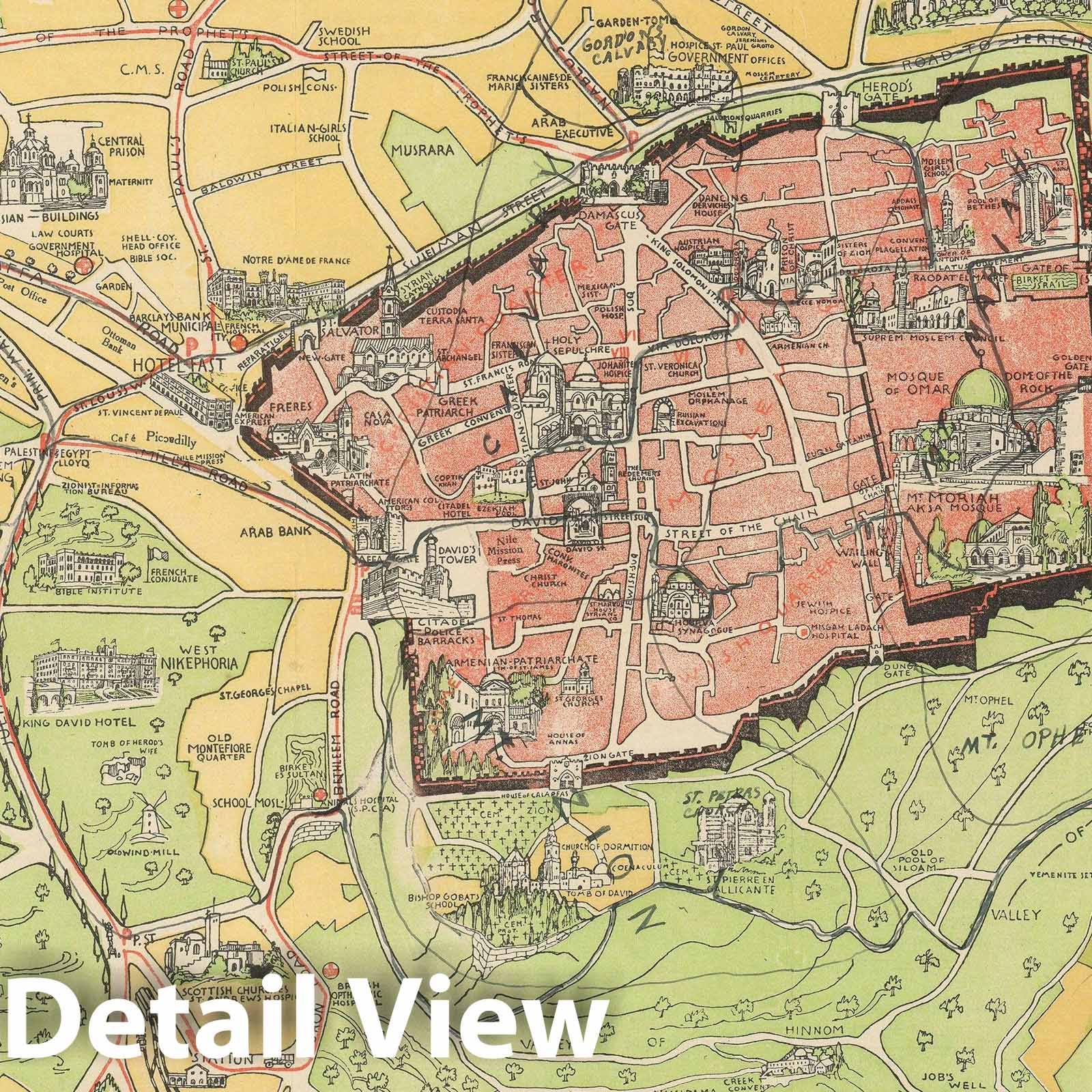 Historic Map : Gauer Pictorial Map of Jerusalem, Israel "w/ Manuscript Notations", 1935, Vintage Wall Art