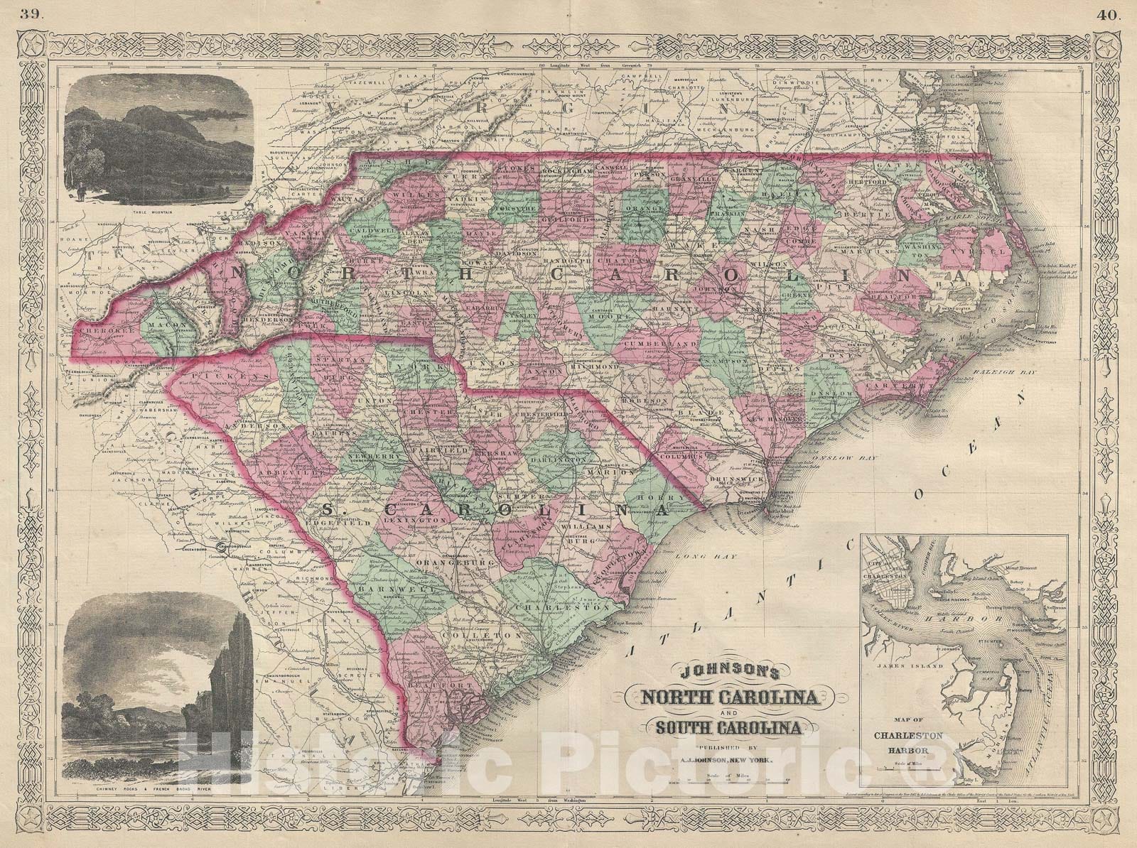 Historic Map : North Carolina and South Carolina, Johnson, 1866, Vintage Wall Art