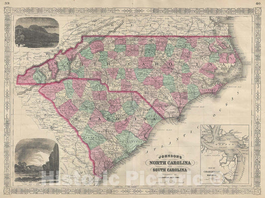 Historic Map : North Carolina and South Carolina, Johnson, 1866, Vintage Wall Art