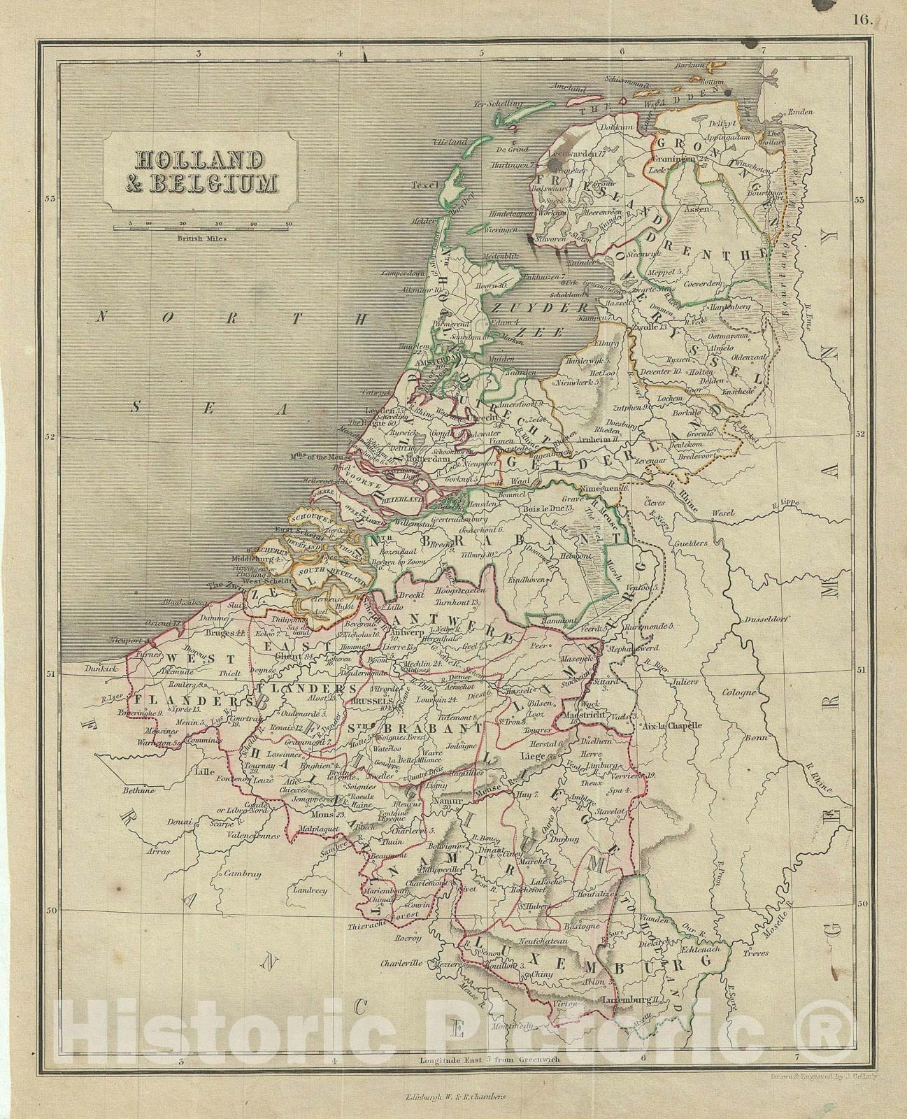 Historic Map : Holland and Belgium, Chambers, 1845, Vintage Wall Art