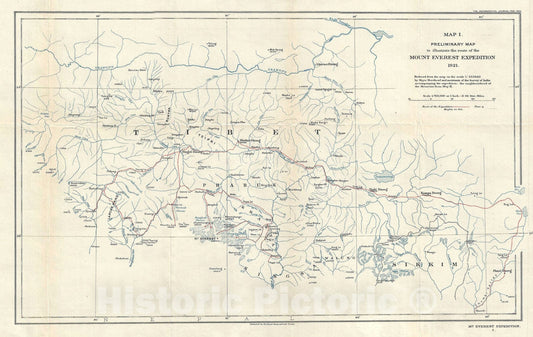 Historic Map : The Route of The First Western Expedition to Mt. Everest, Morshead, 1922, Vintage Wall Art