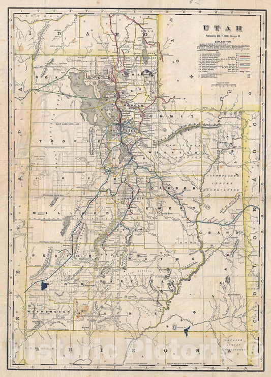 Historic Map : Railroad and Shipping Guide Map of Utah, Cram, 1902, Vintage Wall Art