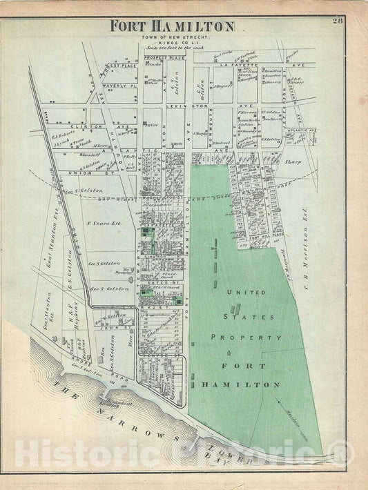 Historic Map : Fort Hamilton, Brooklyn, New York City, Beers, 1873, Vintage Wall Art