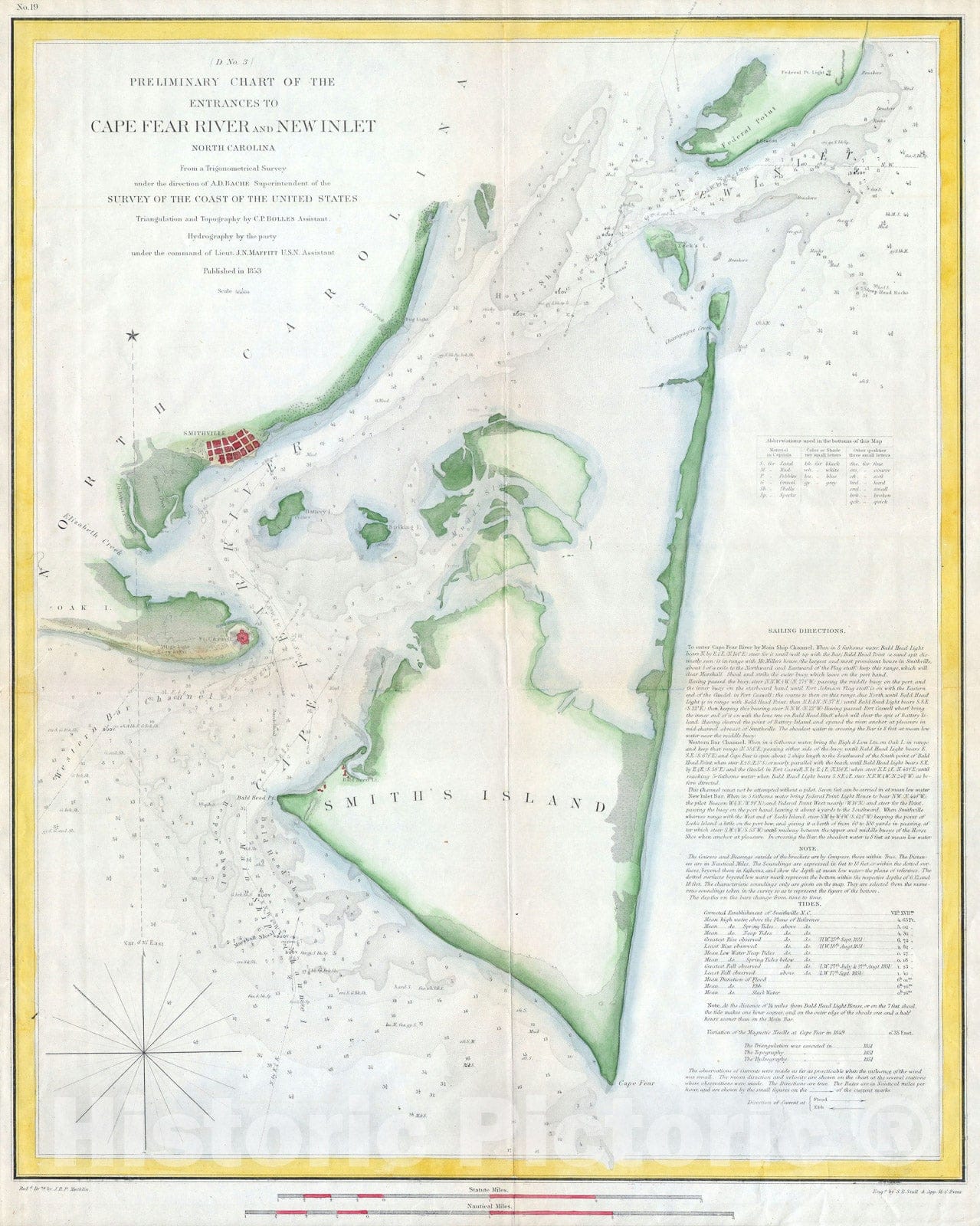 Historic Map : Cape Fear, North Carolina, U.S.C.S., 1853, Vintage Wall Art