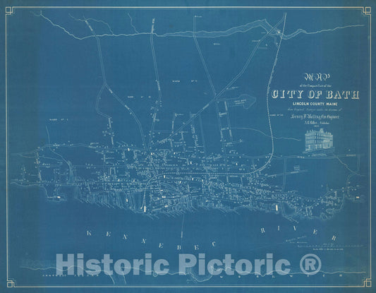 Historic Map : Plan of The Walling City Bath, Maine, Harkins Cyanotype, 1934, Vintage Wall Art