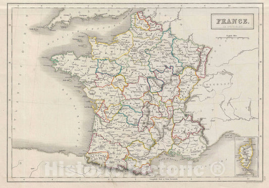 Historic Map : France in Provinces, Black, 1840, Vintage Wall Art