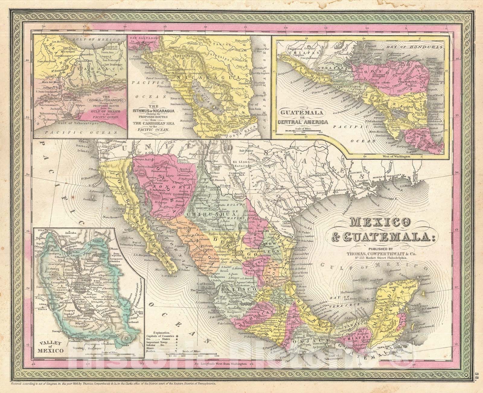 Historic Map : Mexico and Guatemala, Mitchell, 1854, Vintage Wall Art