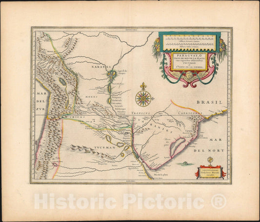 Historic Map : Paraguay, Blaeu, 1650, Vintage Wall Art