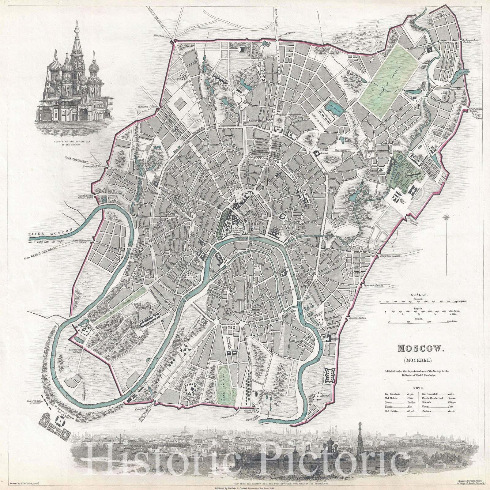 Historic Map : Plan of Moscow, Russia, S.D.U.K., 1836, Vintage Wall Art