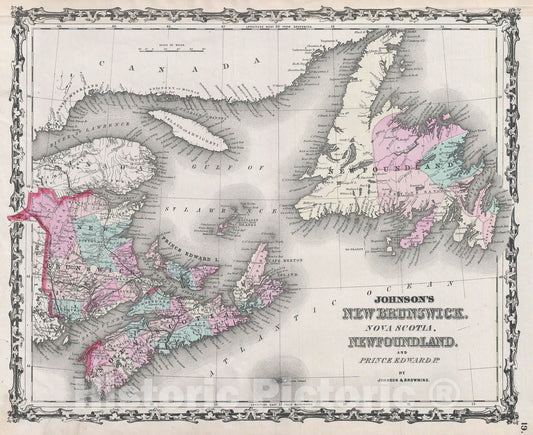 Historic Map : New Brunswick, Nova Scotia and Newfoundland "Canada", Johnson's, 1861, Vintage Wall Art