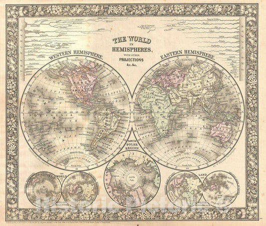 Historic Map : The World in Hemispheres, Mitchell, 1860, Vintage Wall Art
