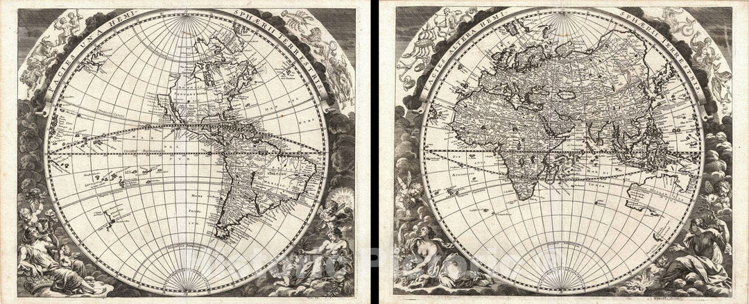Historic Map : The World in Two Hemispheres, Zahn, 1696, Vintage Wall Art