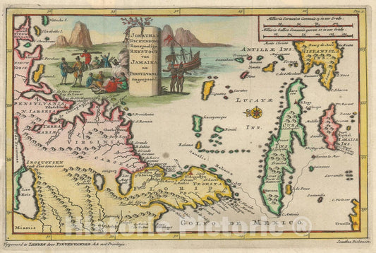 Historic Map : Florida, Carolina, Virginia and Cuba, Jonathan Dickinson, 1707, Vintage Wall Art