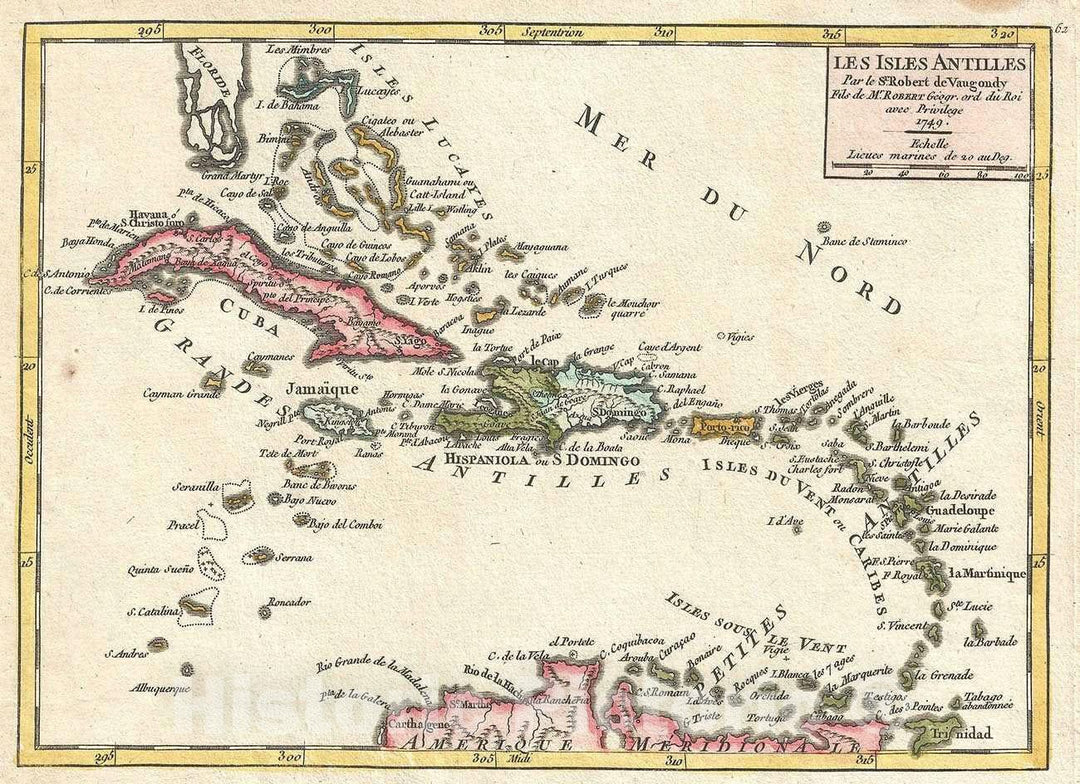 Historic Map : The West Indies, Vaugondy, 1749, Vintage Wall Art