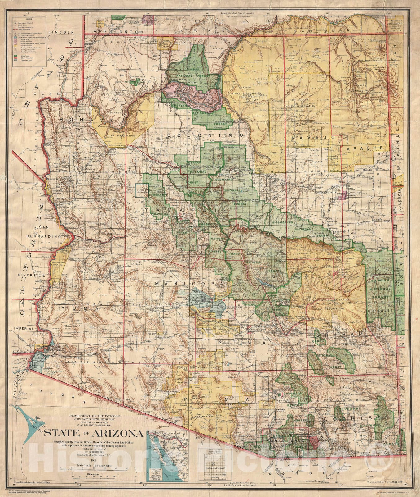 Historic Map : General Land Office Wall Map of Arizona showing Reservations, 1921, Vintage Wall Art