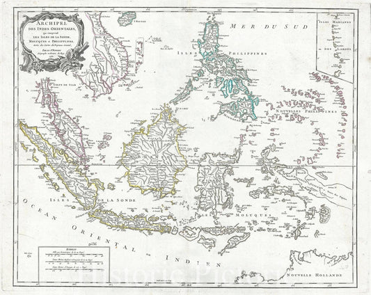 Historic Map : The East Indies "Malay, Indonesia, Philippines, Borneo", Vaugondy, 1750, Vintage Wall Art