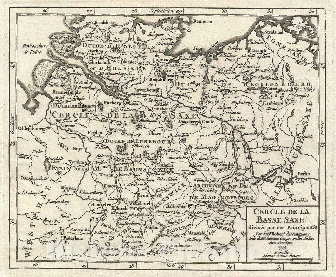 Historic Map : Lower Saxony, Germany, Vaugondy, 1749, Vintage Wall Art
