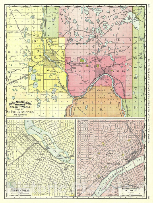 Historic Map : St. Paul and Minneapolis, Minnesota, Rand McNally, 1891, Vintage Wall Art