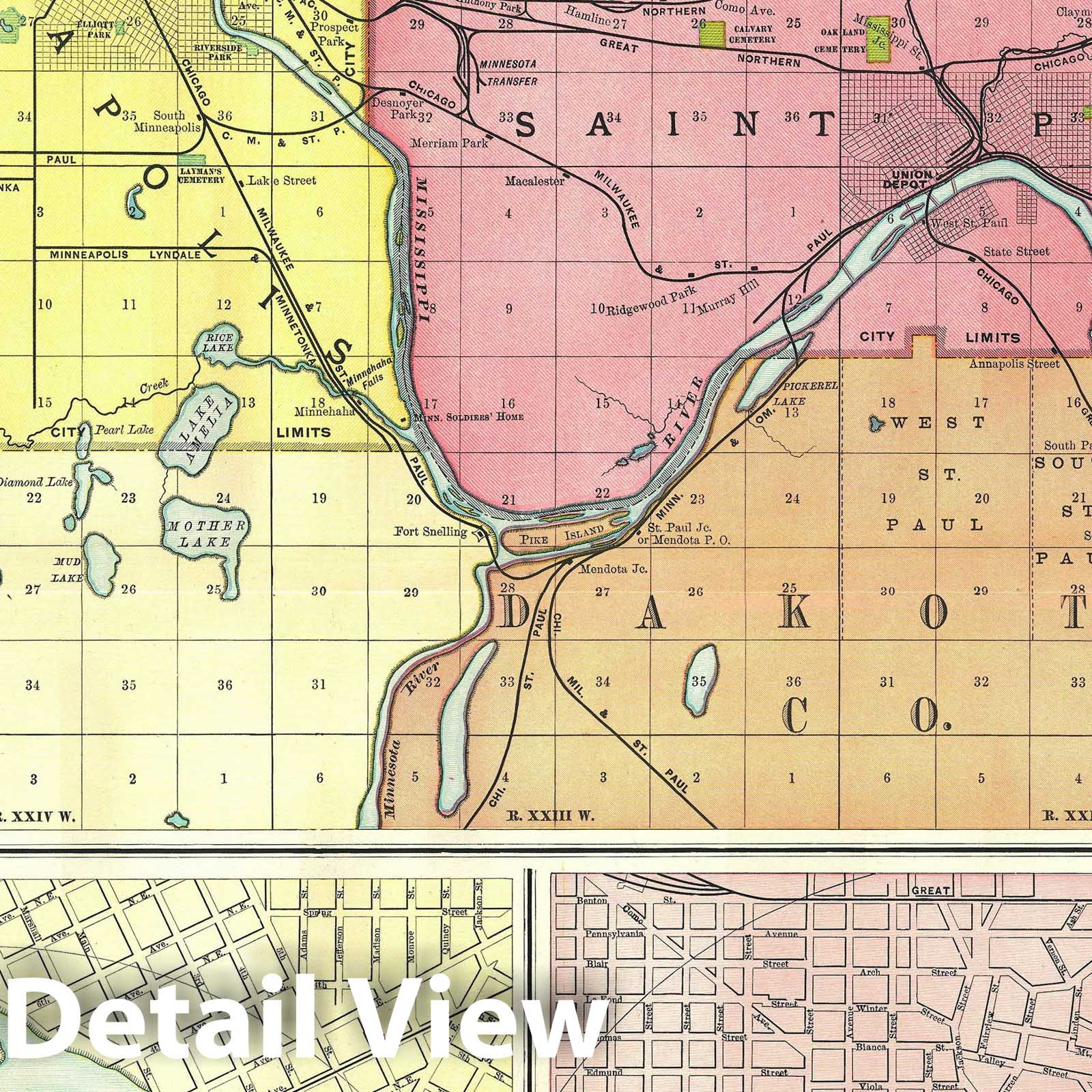 Historic Map : St. Paul and Minneapolis, Minnesota, Rand McNally, 1891, Vintage Wall Art