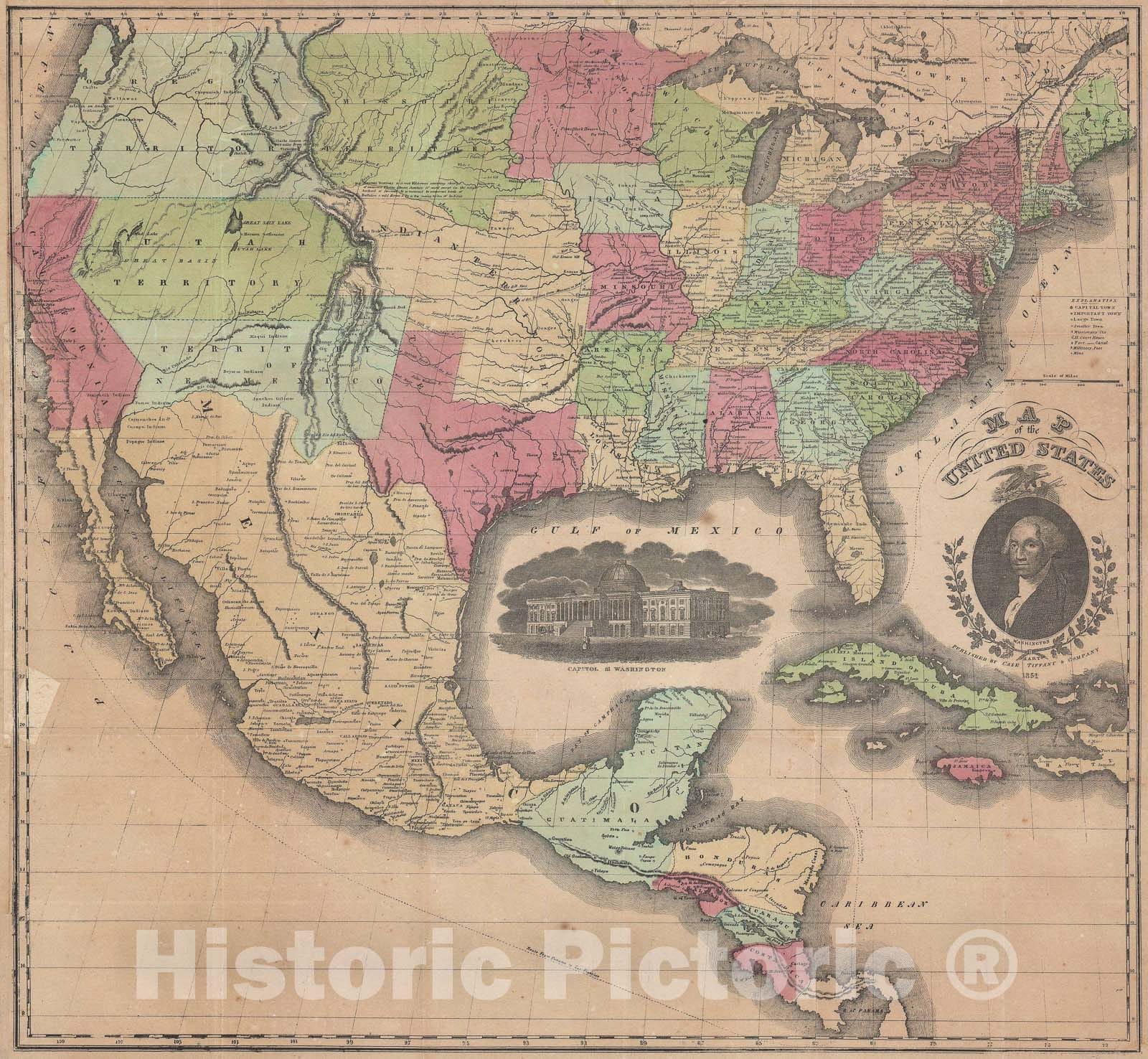 Historic Map : The United States, Case Tiffany, 1851, Vintage Wall Art