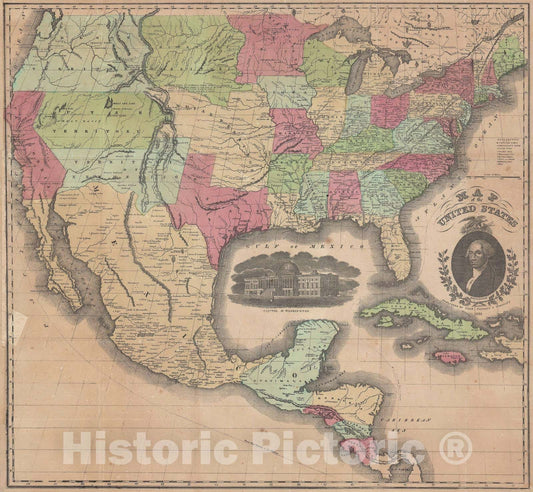 Historic Map : The United States, Case Tiffany, 1851, Vintage Wall Art