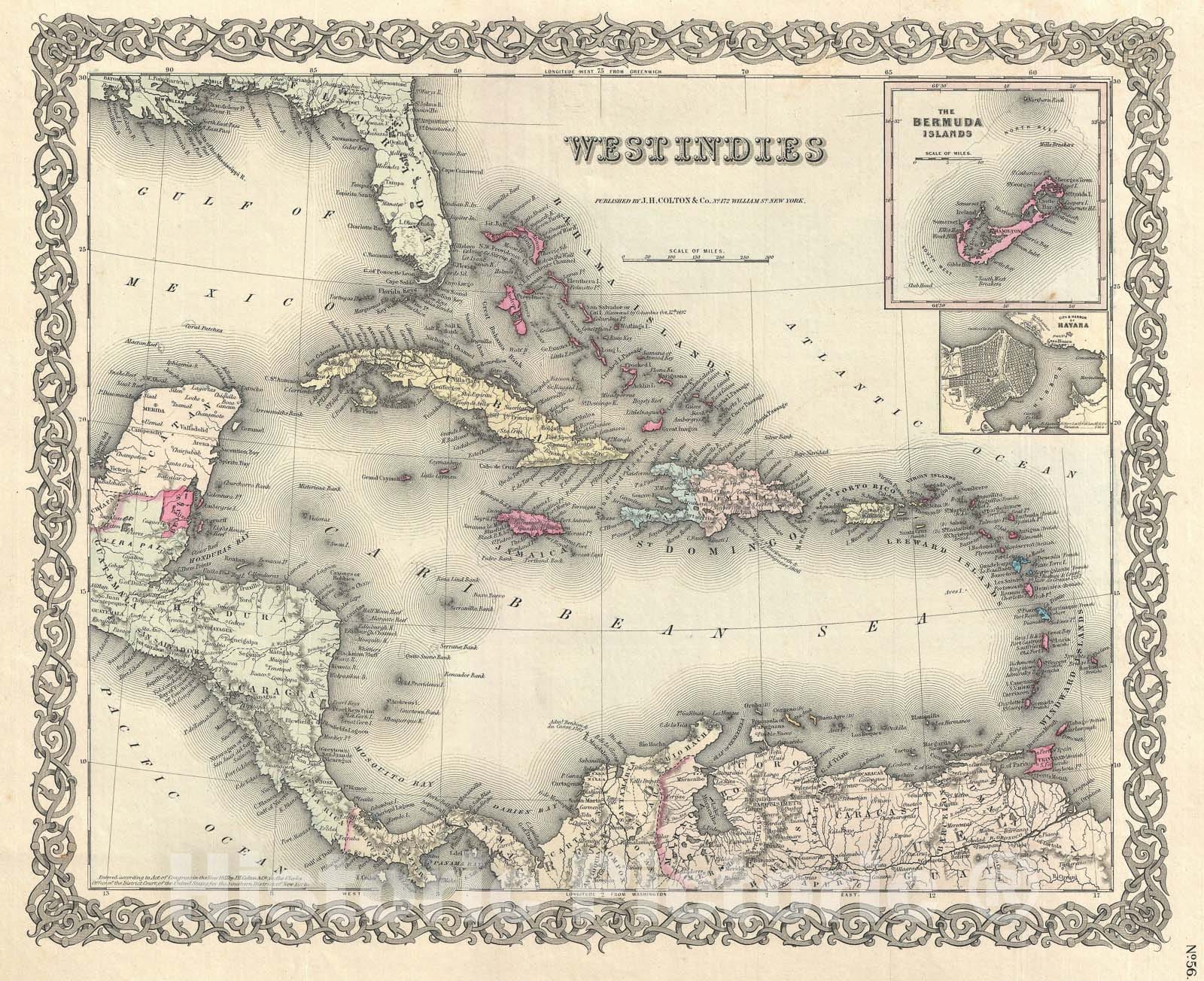 Historic Map : The West Indies, Colton, 1855, Vintage Wall Art
