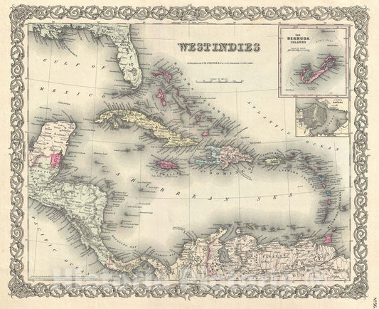 Historic Map : The West Indies, Colton, 1855, Vintage Wall Art