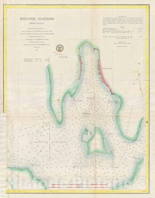 Historic Map : Bristol Harbor, Narragansett Bay, Rhode Island, U.S. Coast Survey, 1862, Vintage Wall Art