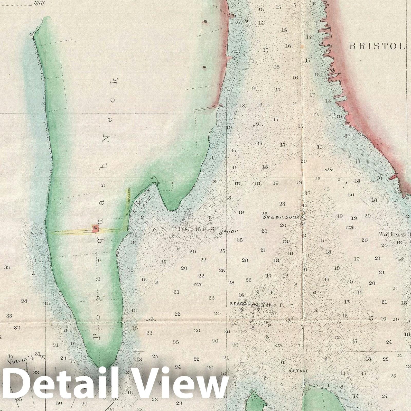 Historic Map : Bristol Harbor, Narragansett Bay, Rhode Island, U.S. Coast Survey, 1862, Vintage Wall Art