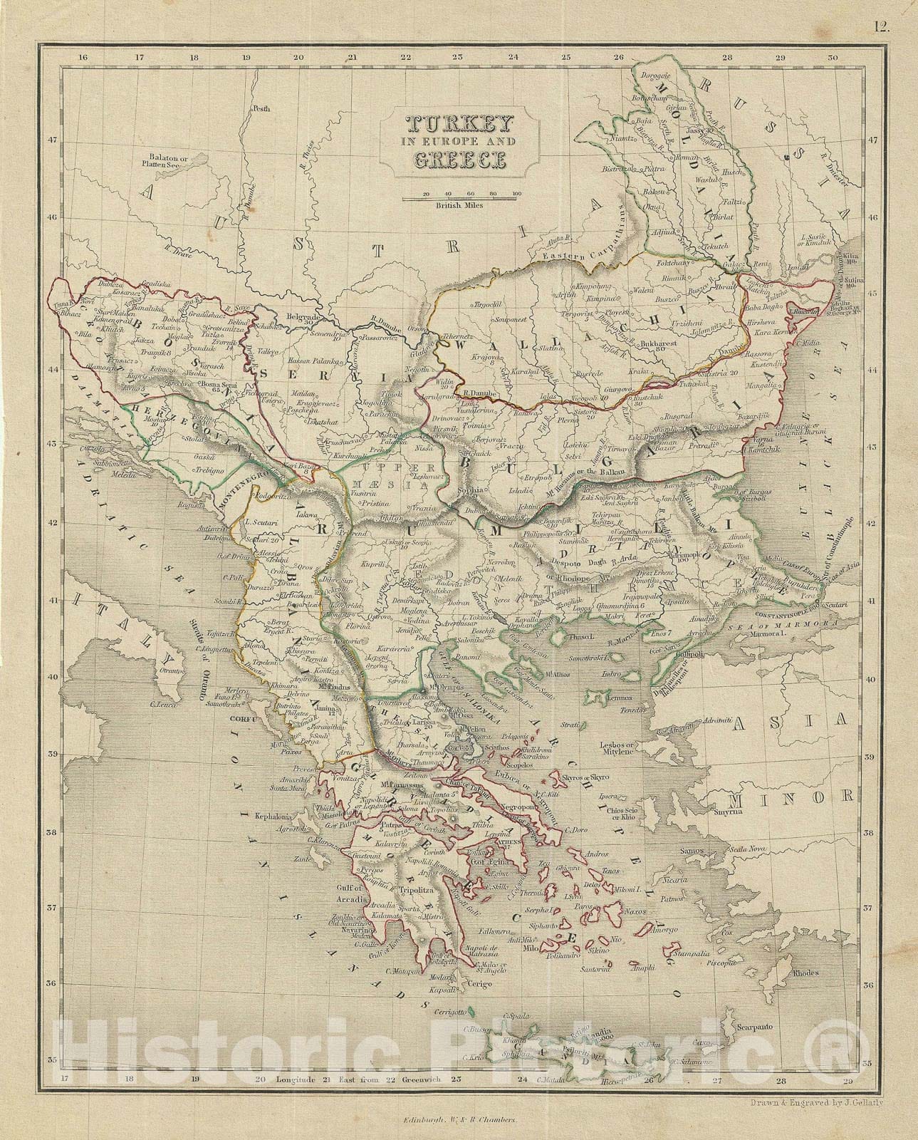 Historic Map : Turkey in Europe and Greece, Chambers, 1845, Vintage Wall Art