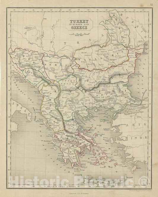 Historic Map : Turkey in Europe and Greece, Chambers, 1845, Vintage Wall Art