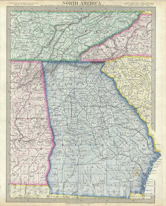 Historic Map : Georgia, Tennessee, Alabama, North Carolina and South Carolina, S.D.U.K., 1848, Vintage Wall Art
