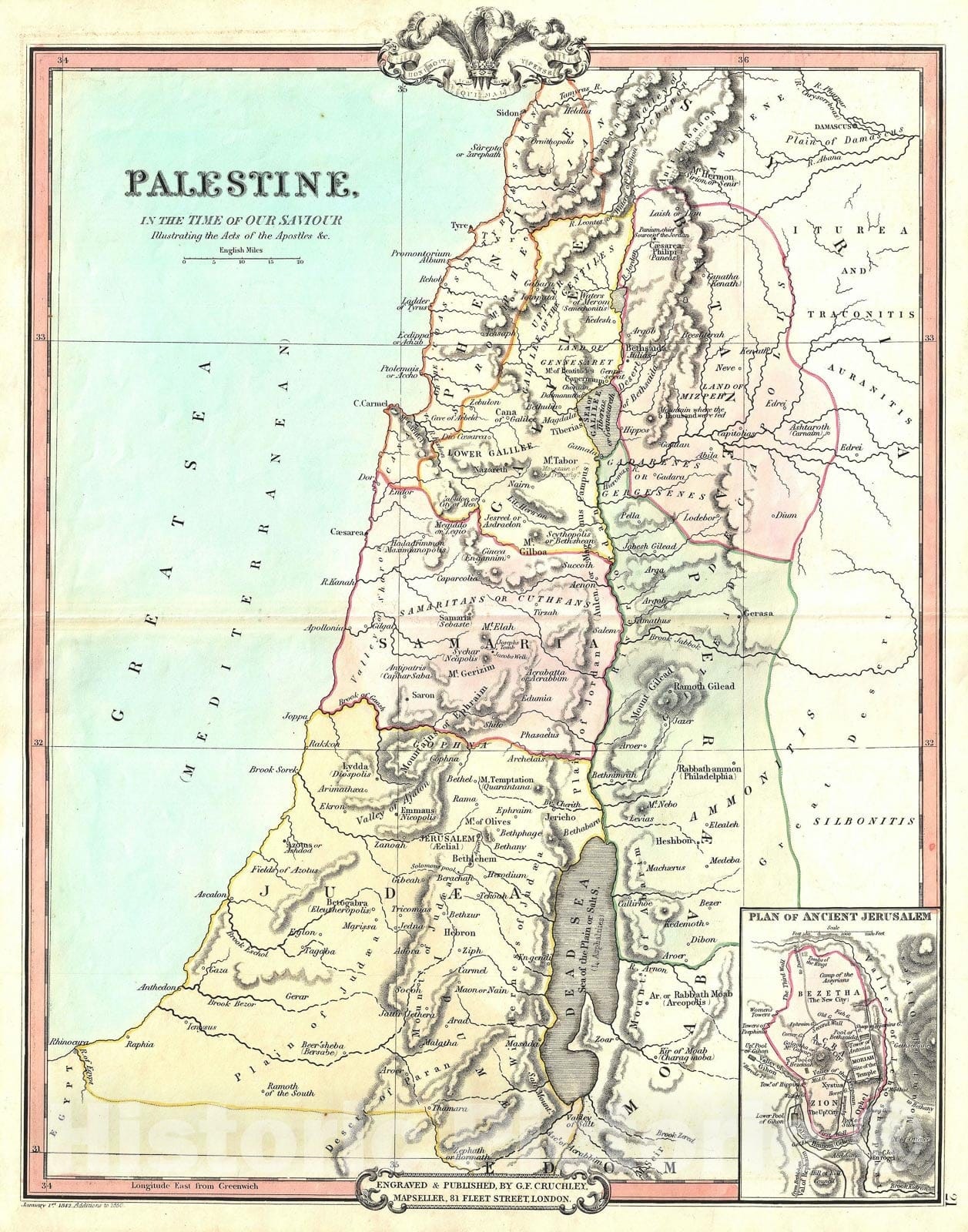Historic Map : Palestine, Israel or The Holy Land in Antiquity, Cruchley, 1850, Vintage Wall Art