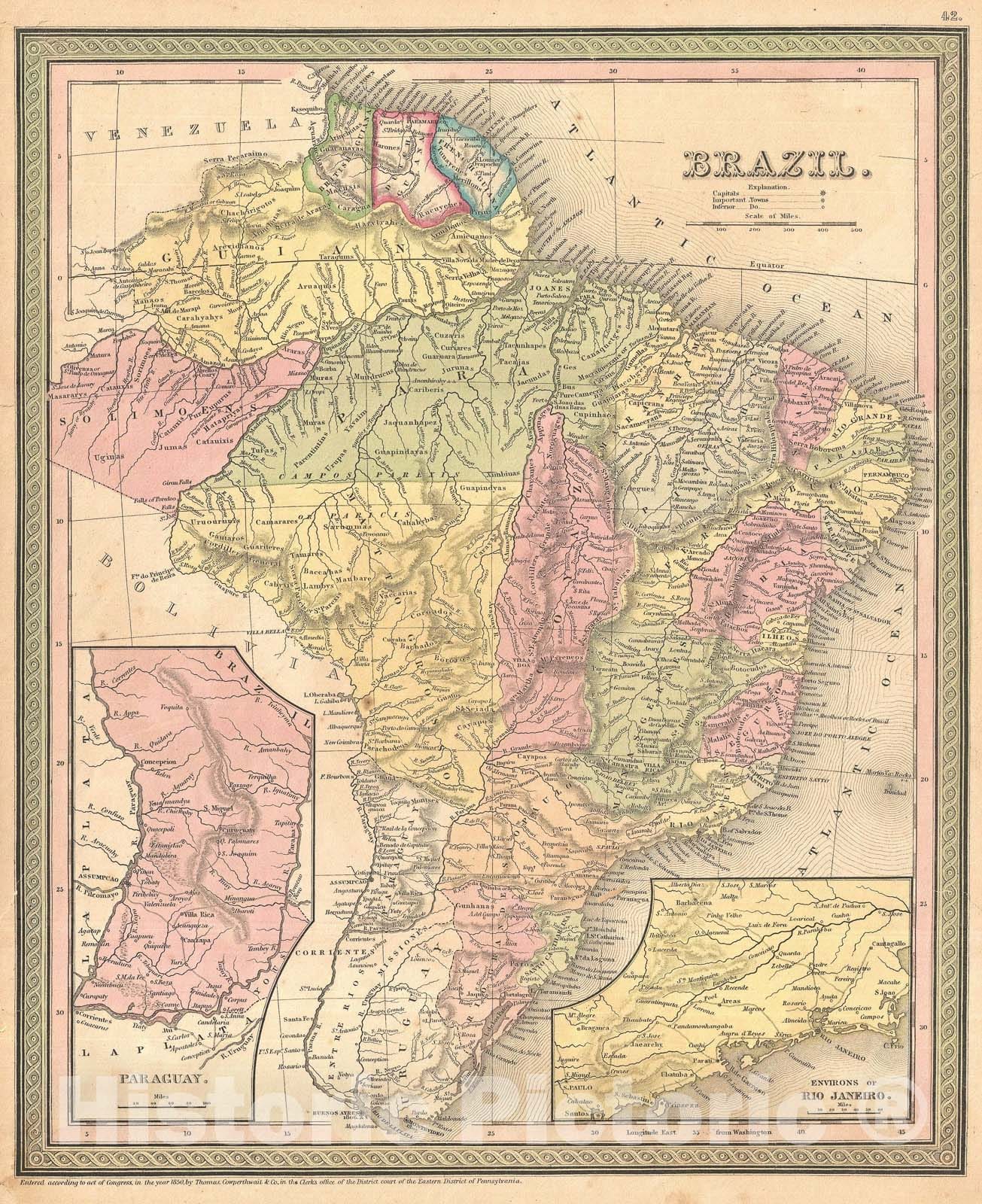 Historic Map : Brazil w/ inset of Rio de Janeiro, Mitchell, 1850, Vintage Wall Art