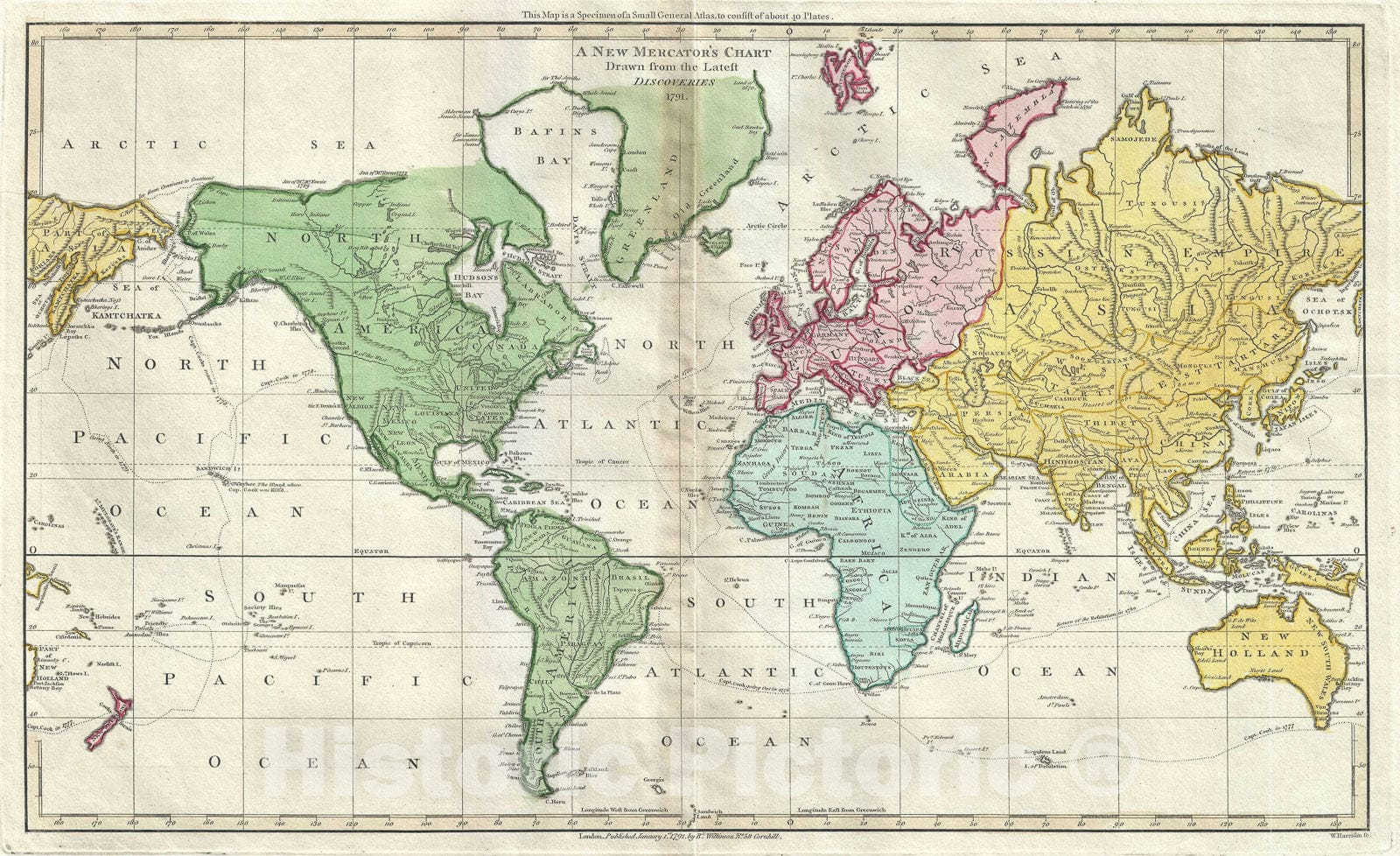 Historic Map : The World on The Mercator's Projection, Wilkinson, 1791, Vintage Wall Art