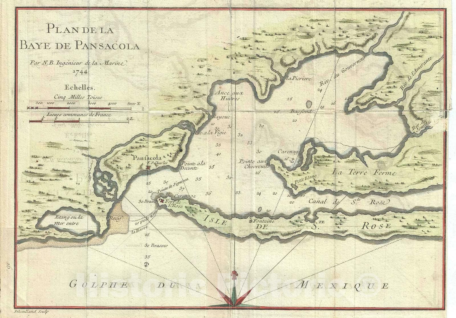 Historic Map : The Bay of Pensacola, Florida, Bellin, 1744, Vintage Wall Art