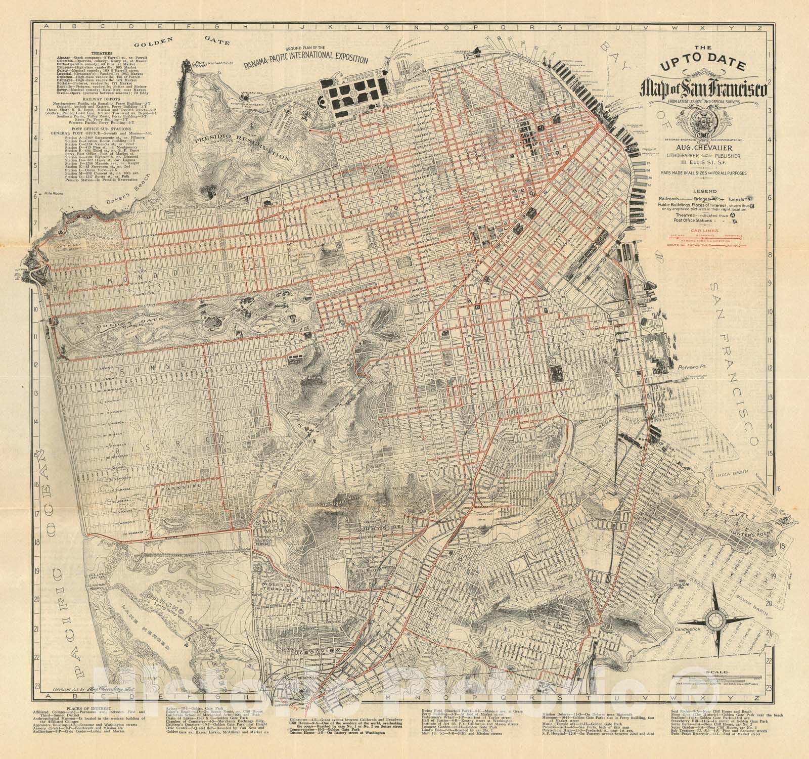 Historic Map : San Francisco and its Street Car Lines, Chevalier, 1915, Vintage Wall Art