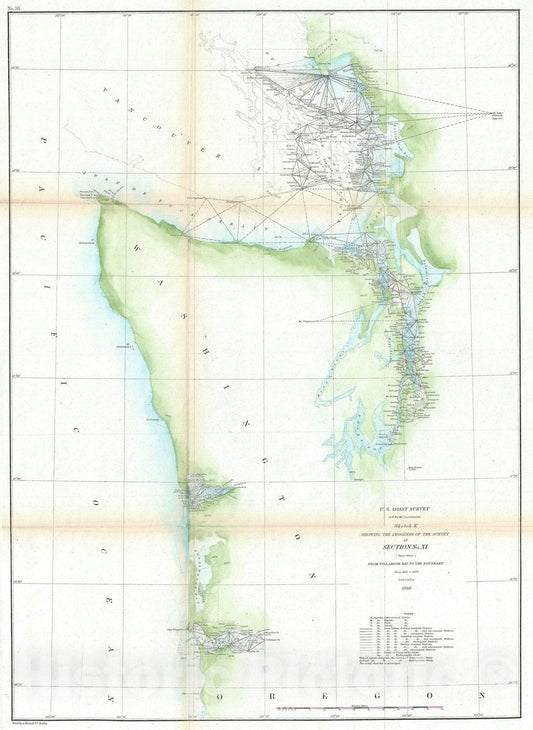 Historic Map : Nautical Chart Washington Coast, Puget Sound and Vancouver, U.S. Coast Survey, 1860, Vintage Wall Art