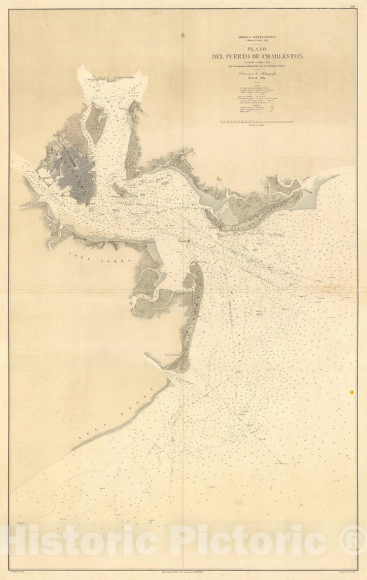 Historic Map : Charleston Harbor, South Carolina, Spanish, 1864, Vintage Wall Art