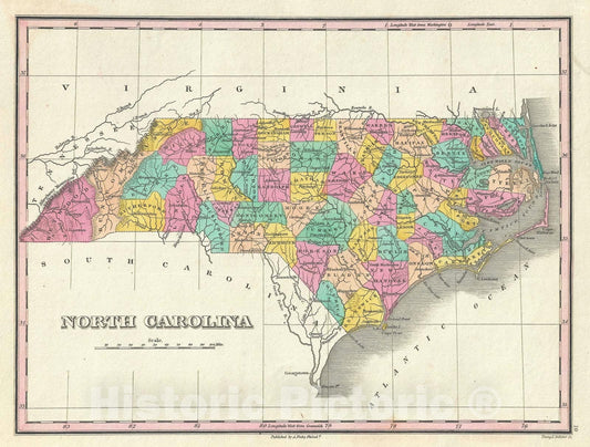 Historic Map : North Carolina, Finley, 1828, Vintage Wall Art