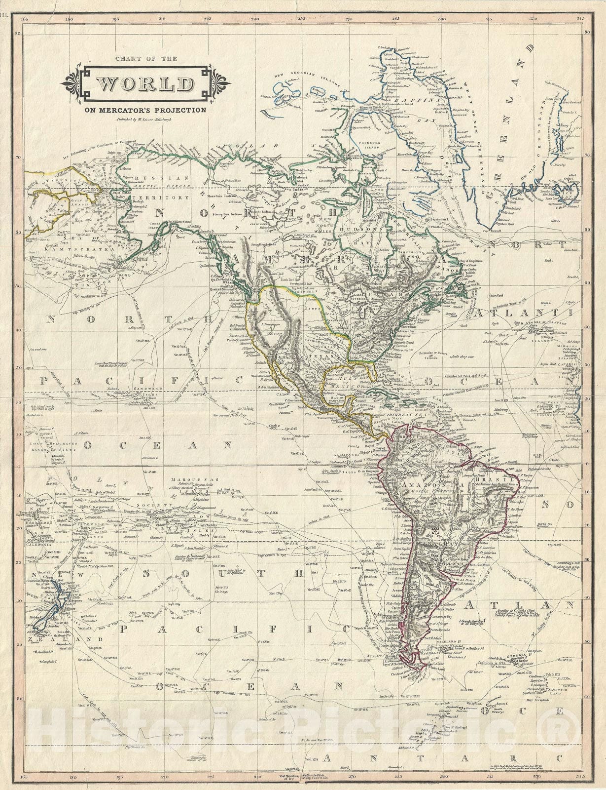 Historic Map : North America and South America on Mercator's Projection, Lizars, 1831, Vintage Wall Art